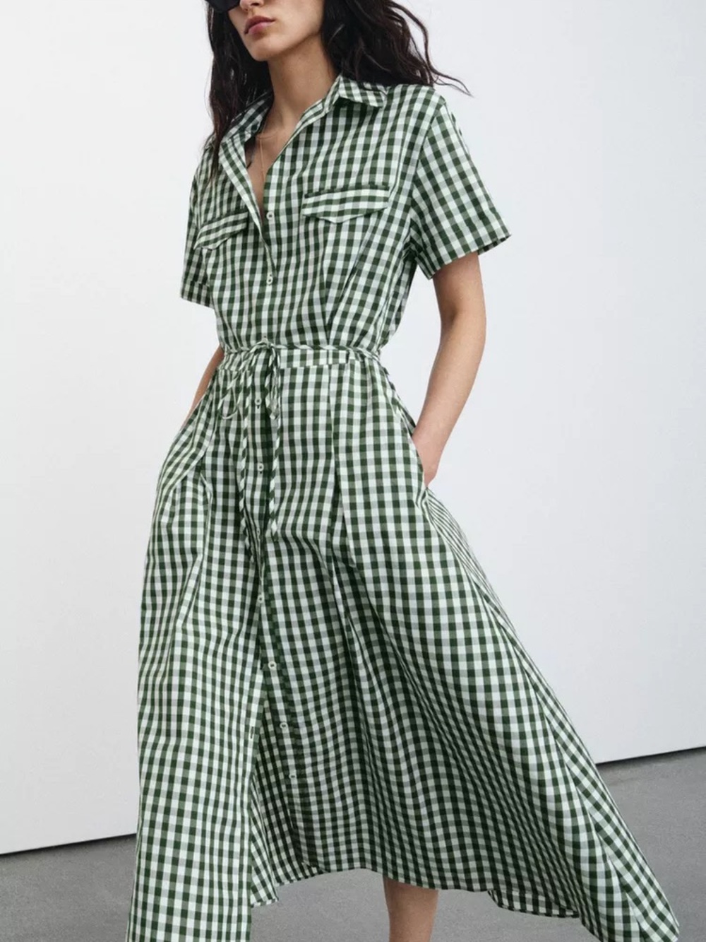Zara Green Gingham Midi Shirt Dress